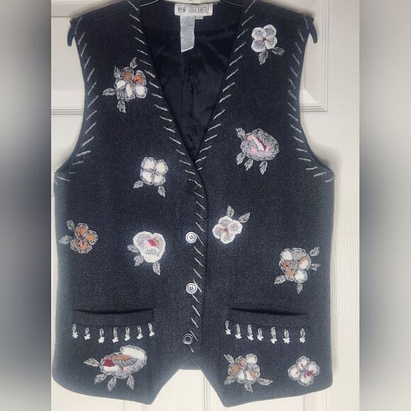 Vtg Together L Charcoal Gray Embroidered WOOL Blend Lined Pockets Women's Vest - Picture 1 of 8
